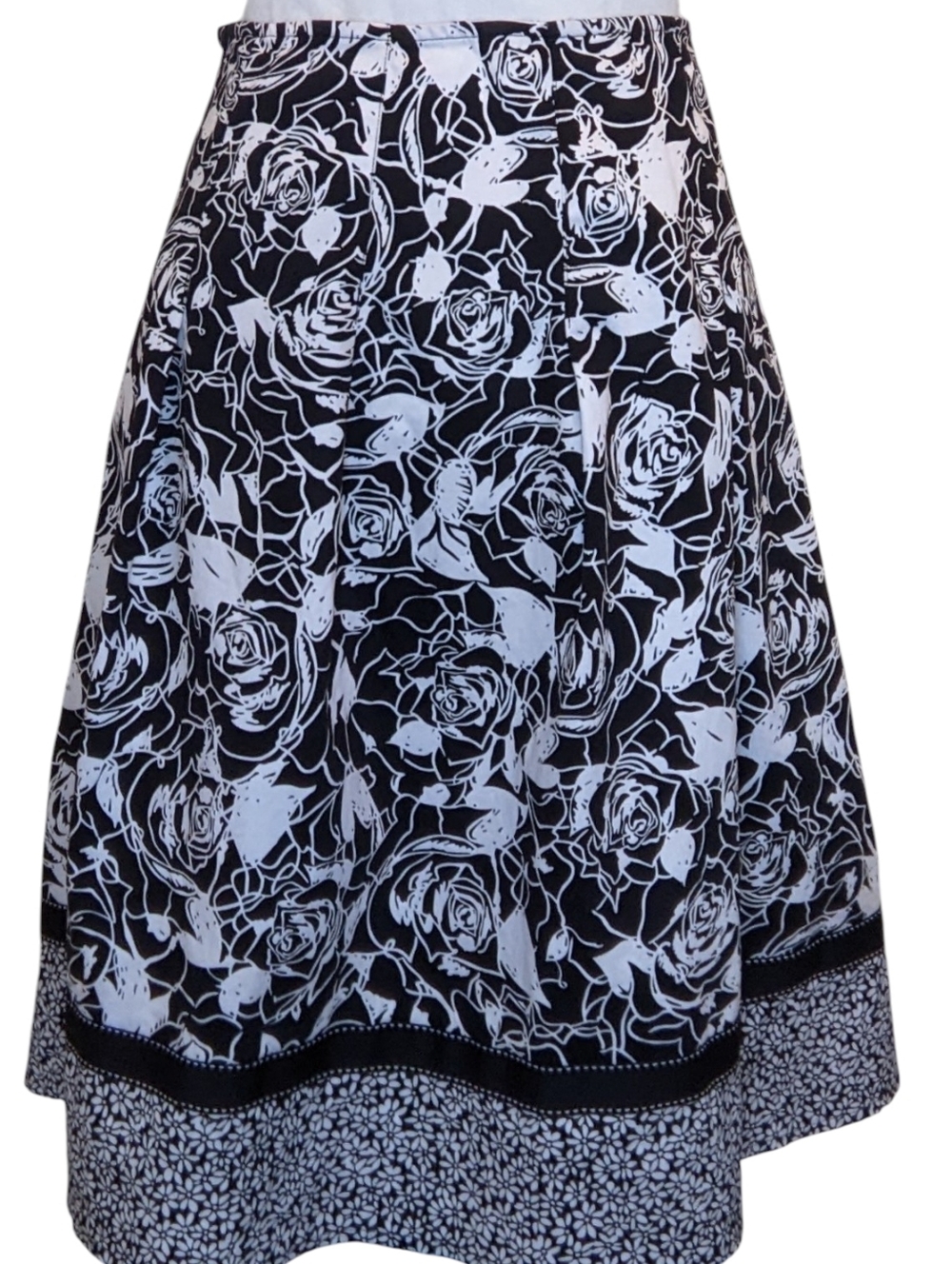 Notations Black White Abstract Floral Print A Line Cotton Stretchy Skirt Large